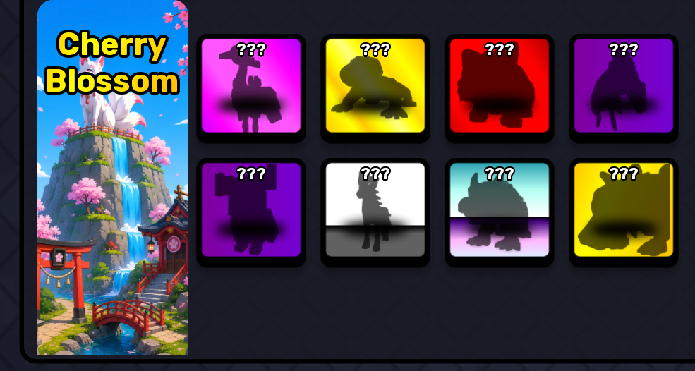 Current Cherry Blossom Pet Index showing eight locked Pet silhouettes