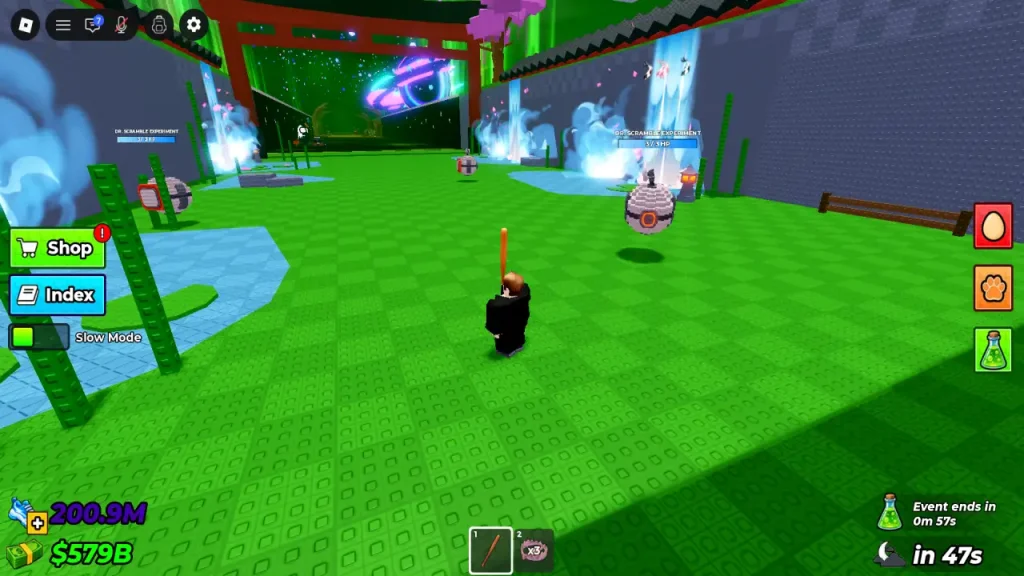 Several Dr. Scramble Experiment drones active in a Steal An Egg biome with an event countdown