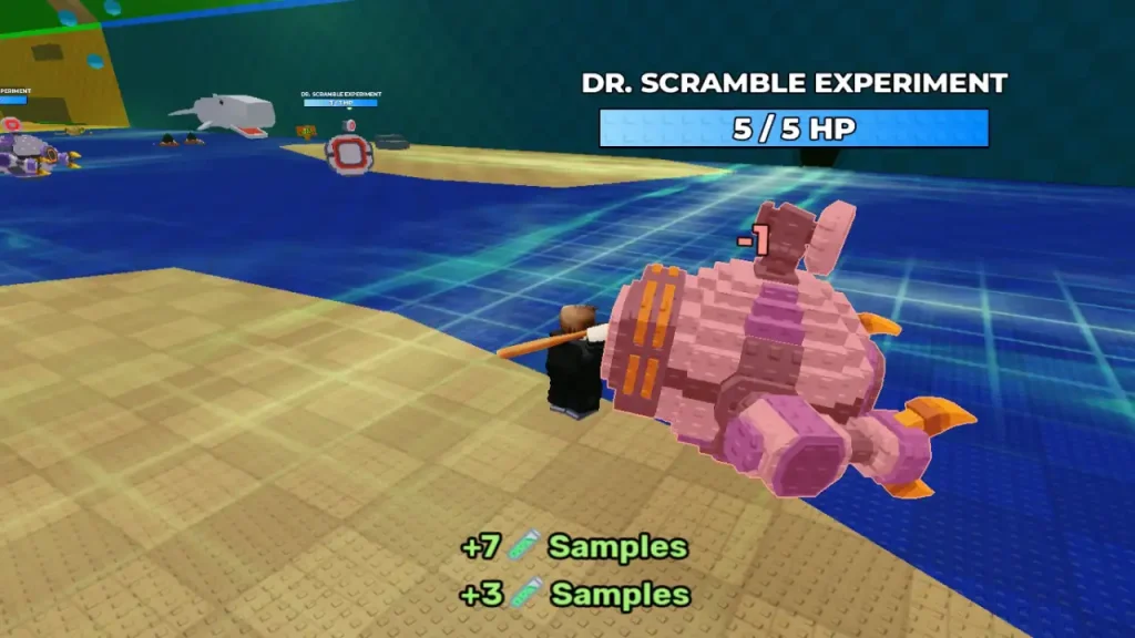 Steal An Egg player hitting a Dr. Scramble Experiment drone with a bat while Samples rewards appear